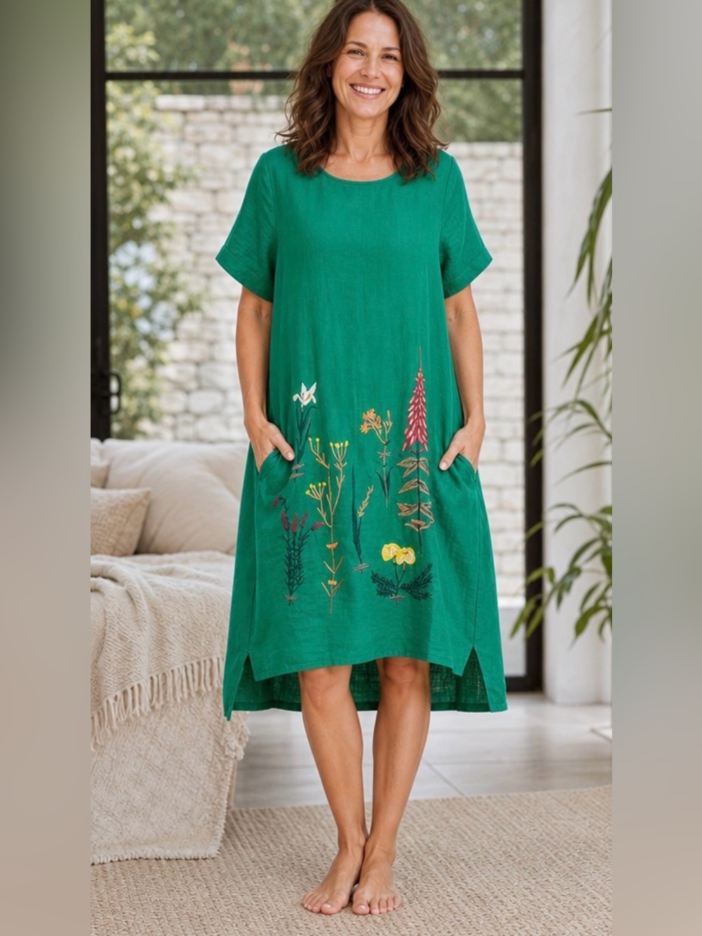 Bohemian Embroidered Cotton Linen A-Line Summer Sundress Tunic Hi Low Dress